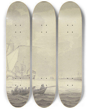 Triptych art skateboard deck of Jan Rood Leicht Bewegte See Rechts Ufer Mit Hafen Und Windmhle Ruderboote Und Kanone by Jan Rood