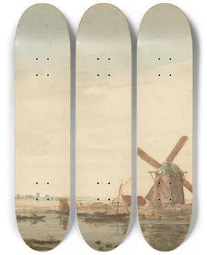 Triptych art skateboard deck of Antonie Erkelens Windmills On A Canal by Anthonie Erkelens (1774-1804)