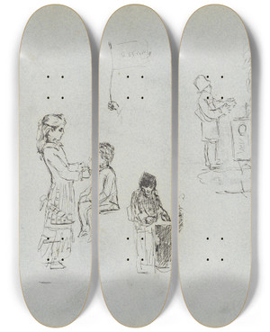 Triptych art skateboard deck of Christian Krohg Jente Og Gutt Hnd Med Flagg To Studier Av Menn Som Varmer Hendene by Christian Krohg (1852-1925)