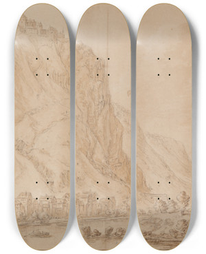 Triptych art skateboard deck of Herman Saftleven Iii Hammerstein Castle On The Rhine by Herman Saftleven Iii (1609-1685)