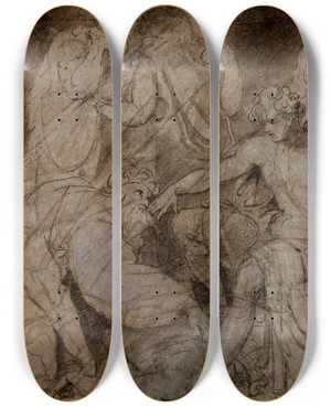 Triptych art skateboard deck of Gavin Hamilton Priam Pleading With Achilles For The Body Of Hector by Gavin Hamilton (1723-1798)