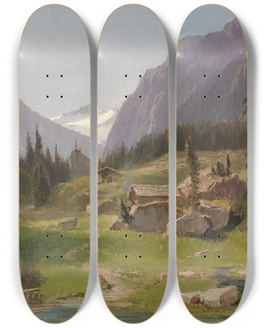Triptych art skateboard deck of Ludwig Halauska Gebirgslandschaft by Ludwig Halauska (1827-1882)