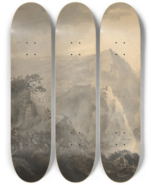 Triptych art skateboard deck of William Gilpin Landscape With Hill Lake And Figures by William Gilpin (1724-1804)