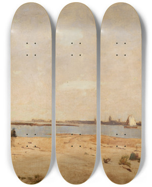 Triptych art skateboard deck of Gustav Schnleber Blick Auf Gorkum by Gustav Schonleber (1851-1917)
