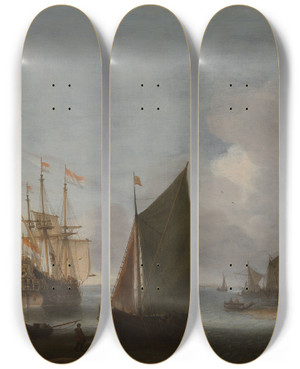 Triptych art skateboard deck of Hendrick Van Anthonissen Ships Near Zierikzee With The Zuidhavenpoort In The Background by Hendrick Van Anthonissen (1605-1655)