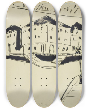 Triptych art skateboard deck of Ernst Ludwig Kirchner Huser An Einer Bahnunterfhrung In Dresden by Ernst Ludwig Kirchner (1880-1938)