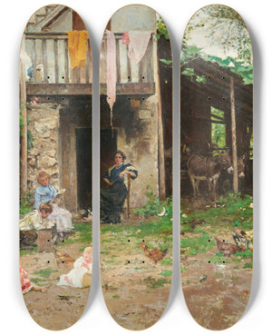 Triptych art skateboard deck of Raffaele Tafuri An Inner Courtyard by Raffaele Tafuri (1857-1929)