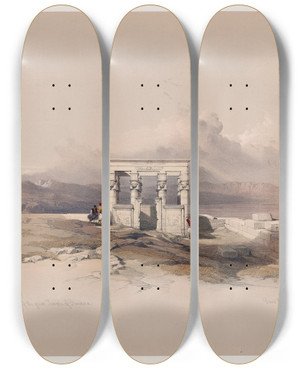 Triptych art skateboard deck of David Roberts Temple Of Isis On The Roof Of The Great Temple Of Dendera Dandara by David Roberts (1796-1864)