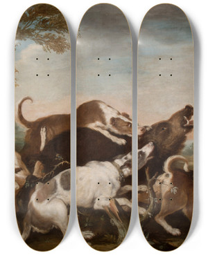 Triptych art skateboard deck of Joseph Anton Harzath Hunting Scene Dogs Attacking Wild Boar by Joseph Anton Harzath (1710-1726)
