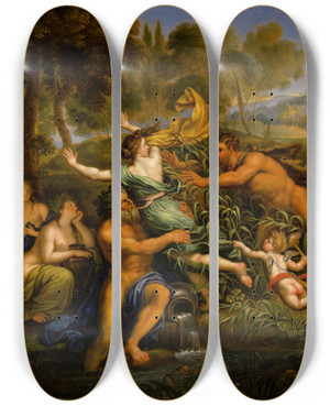 Triptych art skateboard deck of Pierre Mignard Pan And Syrinx by Pierre Mignard (1612-1695)
