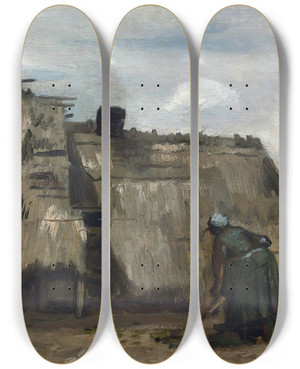 Triptych art skateboard deck of Vincent Van Gogh A Peasant Woman Digging In Front Of Her Cottage by Vincent van Gogh (1853-1890)