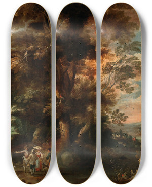 Triptych art skateboard deck of David Vinckboons A Wooded Landscape With Travellers by David Vinckboons (1576-1629)