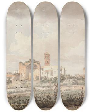 Triptych art skateboard deck of William Pars Temple Of Venus And Rome From The Colosseum by William Pars (1742-1782)
