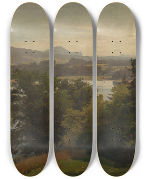 Triptych art skateboard deck of Hans Gude View Of The Mondsee by Hans Gude (1825-1903)