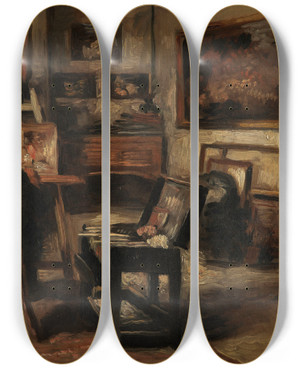 Triptych art skateboard deck of Henri De Braekeleer The Studio Of Ferdinand De Braekeleer I Father Of The Painter by Henri de Braekeleer (1840-1888)