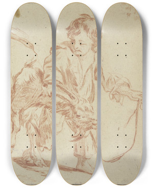 Triptych art skateboard deck of Karel Dujardin Zwei Knaben Mit Einem Ziegenbock by Karel Dujardin (1622-1678)