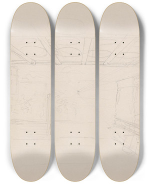 Triptych art skateboard deck of Adolph Tidemand Interior by Adolph Tidemand (1814-1876)