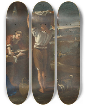 Triptych art skateboard deck of Michelangelo Cerquozzi Washerwomen At The Well by Michelangelo Cerquozzi (1602-1660)