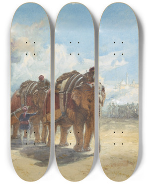 Triptych art skateboard deck of William Simpson Elephant Battery by William Simpson (1823-1899)