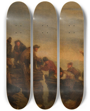 Triptych art skateboard deck of Eugne Boudin Pcheurs Au Bord De Leau by Eugene Boudin (1824-1898)