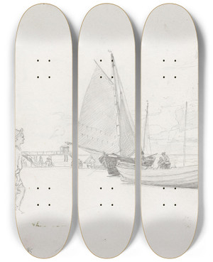 Triptych art skateboard deck of Hans Gude Figurer Og Bter P Stranden Ahlbeck by Hans Gude (1825-1903)