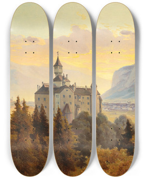 Triptych art skateboard deck of Edmund Von Wrndle View Of Schloss Ambras Near Innsbruck by Edmund Von Worndle (1827-1906)