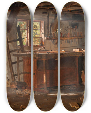 Triptych art skateboard deck of Christen Dalsgaard A Carpenters Workshop by Christen Dalsgaard (1824-1907)