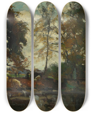 Triptych art skateboard deck of Jzef Szermentowski Landscape With A Herd by Jozef Szermentowski (1833-1876)
