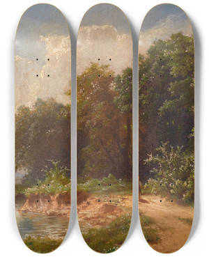Triptych art skateboard deck of Johann Kautsky Idylle Am Seeufer by Johann Kautsky (1827-1896)