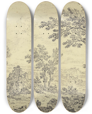 Triptych art skateboard deck of Jan Van Huysum Landschaft Mit Ruinen Vorne Rechts Ein Schafhirte by Jan Van Huysum (1682-1749)