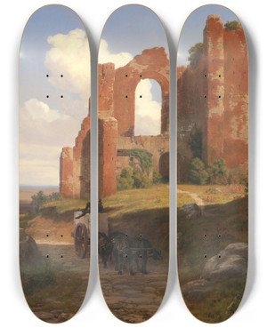 Triptych art skateboard deck of Thorald Lsse View Of The Terme Di Caracalla In Rome by Thorald Laessoe (1816-1878)
