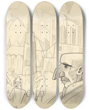Triptych art skateboard deck of Karl Wiener Gespenstische Stadt by Karl Wiener (1901-1949)