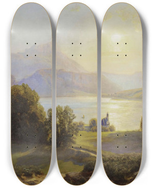 Triptych art skateboard deck of Anton Hlavacek Blick Ber Einen Alpensee Attersee by Anton Hlavacek (1842-1926)