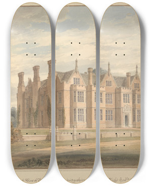 Triptych art skateboard deck of John Buckler South East View Of Bourn Hall Cambridgeshire The Seat Of The Right Honble Earl Delawarr by John Buckler (1770-1851)