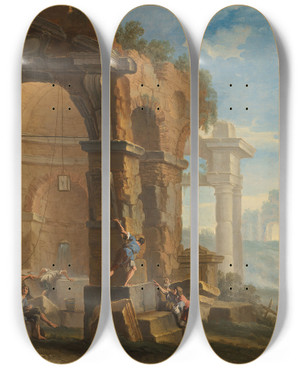 Triptych art skateboard deck of Sebastiano Ricci A Capriccio With Figures Conversing By Classical Ruins by Sebastiano Ricci (1659-1734)
