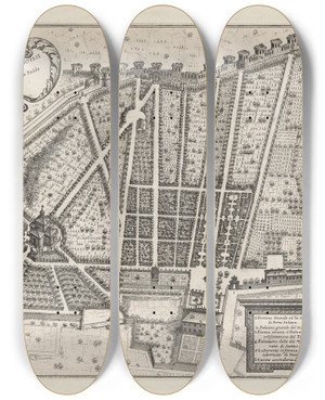 Triptych art skateboard deck of Giovanni Battista Falda Li Giardini Di Roma Con Le Loro Piante Alzate E Vedvte In Prospettiva Pl11 by Giovanni Battista Falda (1643-1678)