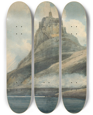 Triptych art skateboard deck of Thomas Girtin Lindisfarne Castle Holy Island Northumberland by Thomas Girtin (1775-1802)