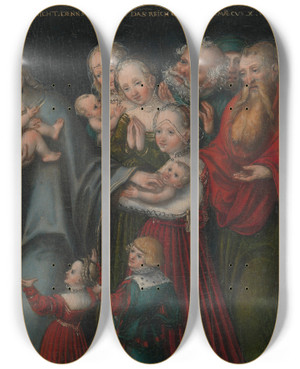 Triptych art skateboard deck of Lucas Cranach The Younger Christ Blessing The Children by Lucas Cranach the Younger (1515-1586)
