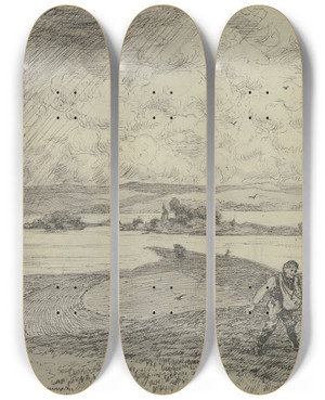 Triptych art skateboard deck of Hans Thoma Landschaft Mit Smann Im Hintergrund Ein See Mit Insel by Hans Thoma (1839-1924)