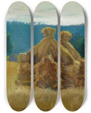 Triptych art skateboard deck of Ambroy Sabatowski Morning In The Field by Ambrozy Sabatowski (1871-1920)