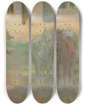 Triptych art skateboard deck of Elemr Halszhradil Farm Yard With Yoked Horses by Elemir Halasz Hradil (1873-1948)