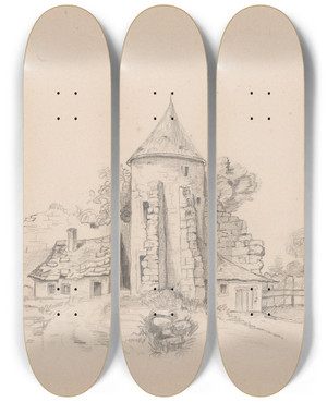 Triptych art skateboard deck of Stanisaw Wyspiaski Ruins Of A Castle Wall With Tower by Stanislaw Wyspianski (1869-1907)