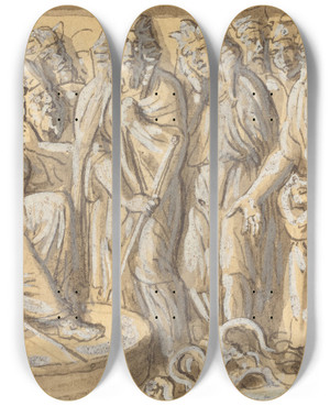 Triptych art skateboard deck of Luigi Ademollo Moses And Aaron Before Pharaoh With The Rods Turned Into Serpents by Luigi Ademollo (1764-1849)