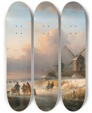 Triptych art skateboard deck of Lodewijk Johannes Kleijn Skating Pleasures In Winter by Lodewijk Johannes Kleijn (1817-1897)