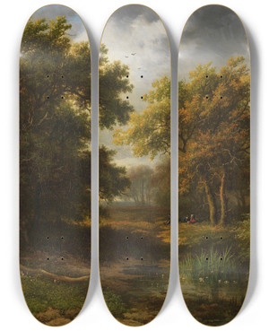 Triptych art skateboard deck of Willem Bodeman Waldlandschaft Mit Weiher Und Rastenden by Willem Bodeman (1806-1880)