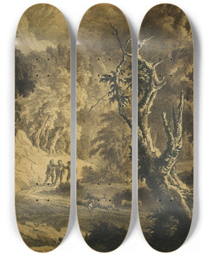 Triptych art skateboard deck of Alexander Cozens Footpads In A Forest by Alexander Cozens (1717-1786)