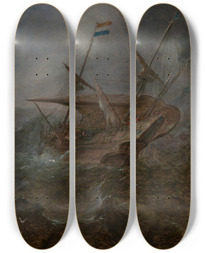 Triptych art skateboard deck of Andries Van Eertvelt A Dutch Merchant In Rough Seas Off A Headland by Andries Van Eertvelt (1590-1652)