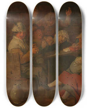 Triptych art skateboard deck of Adriaen Brouwer Poor Folk Drinking In A Tavern by Adriaen Brouwer (1605-1638)
