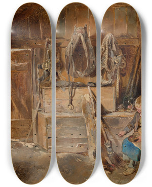 Triptych art skateboard deck of Carl Schindler In Der Geschirrkammer by Carl Schindler (1821-1842)