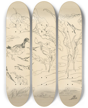 Triptych art skateboard deck of Flix Bracquemond Dcor De Service De Toilette Canards Et Grandes Feuilles by Felix Bracquemond (1833-1914)
